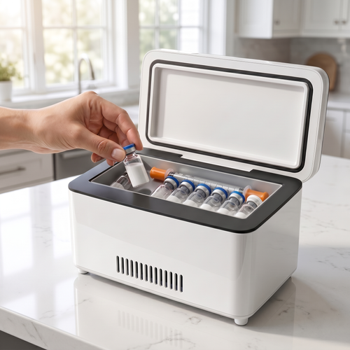 VIALVAULT open on a marble kitchen island, hand placing a vial