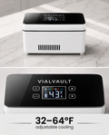 VIALVAULT control panel showing 43°F, 32-64°F adjustable cooling