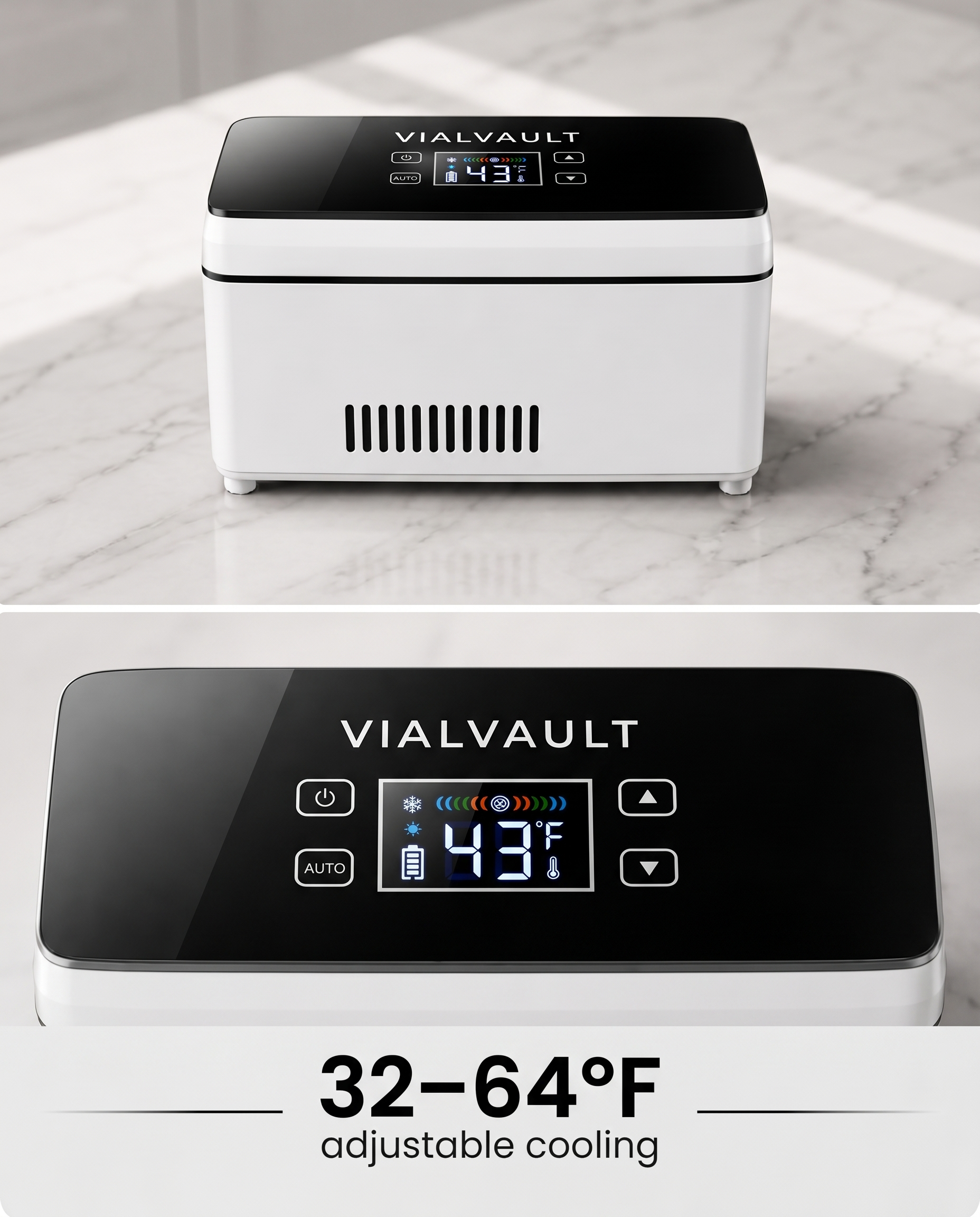 VIALVAULT control panel showing 43°F, 32-64°F adjustable cooling