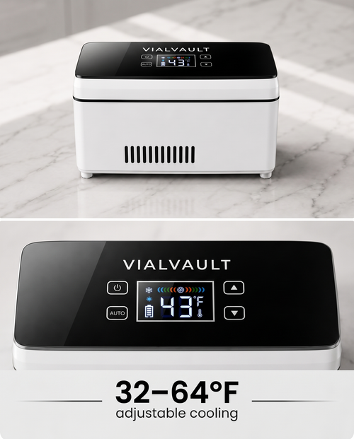VIALVAULT control panel showing 43°F, 32-64°F adjustable cooling