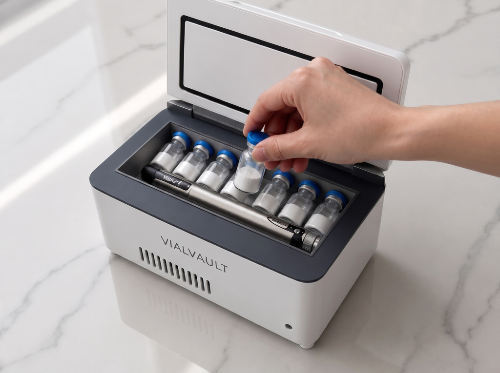 Hand placing a peptide vial into the VIALVAULT cooling vault