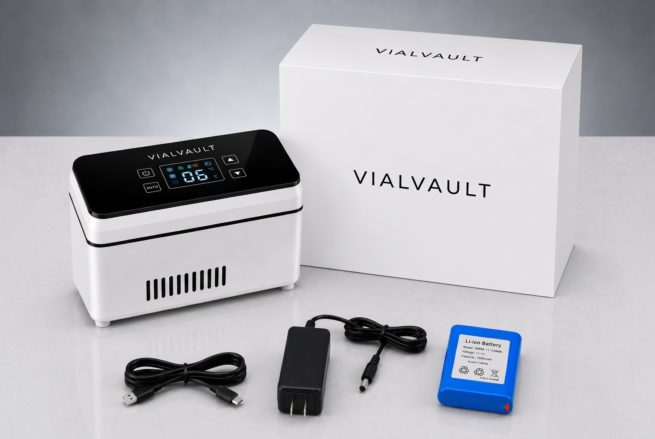 VIALVAULT unboxing — unit, battery, adapter, USB cable and packaging