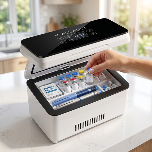 VIALVAULT open on a kitchen island, hand placing a vial